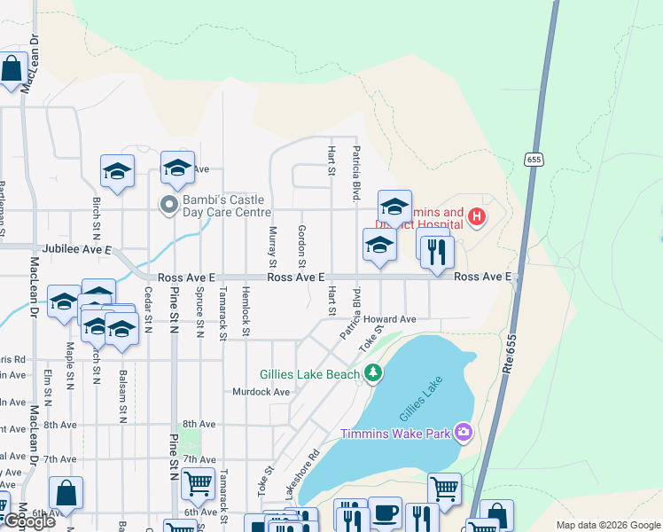 map of restaurants, bars, coffee shops, grocery stores, and more near Hart Street in Timmins