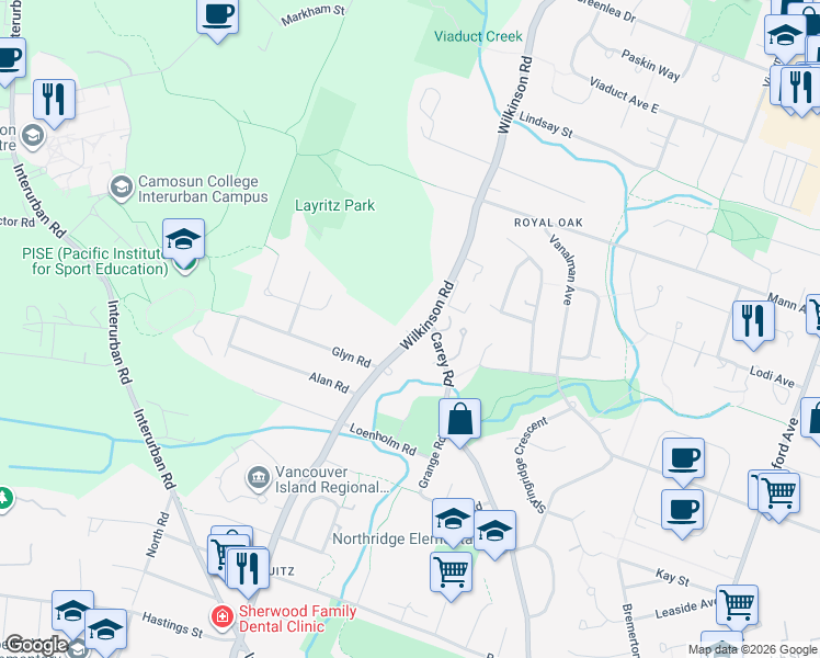 map of restaurants, bars, coffee shops, grocery stores, and more near 4298 Wilkinson Road in Victoria