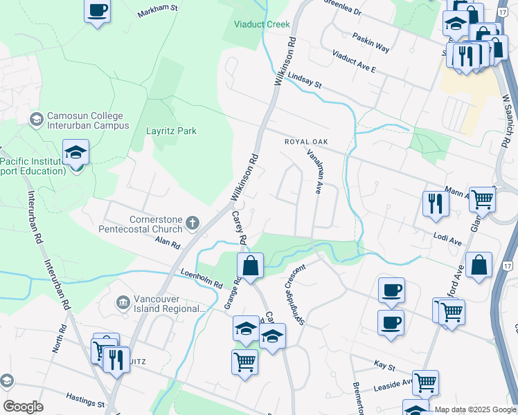 map of restaurants, bars, coffee shops, grocery stores, and more near 521 Pamela Place in Victoria