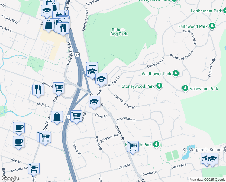 map of restaurants, bars, coffee shops, grocery stores, and more near 826 Maltwood Terrace in Victoria