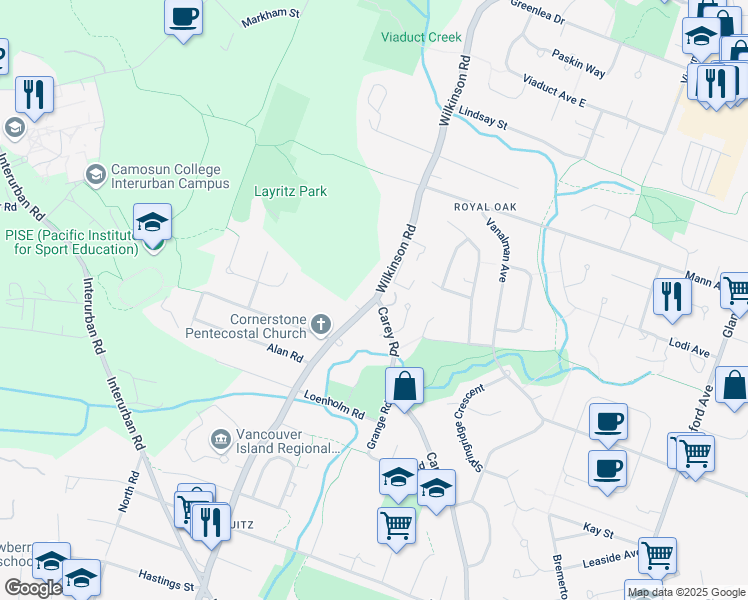 map of restaurants, bars, coffee shops, grocery stores, and more near 4298 Wilkinson Road in Victoria