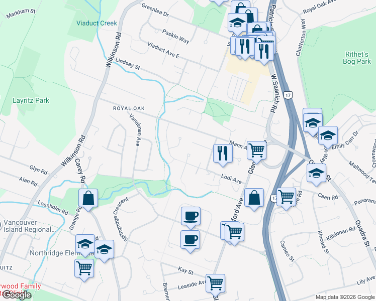 map of restaurants, bars, coffee shops, grocery stores, and more near 4272 Moorpark Place in Victoria