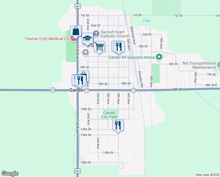 map of restaurants, bars, coffee shops, grocery stores, and more near 700-798 4th Avenue in Cando