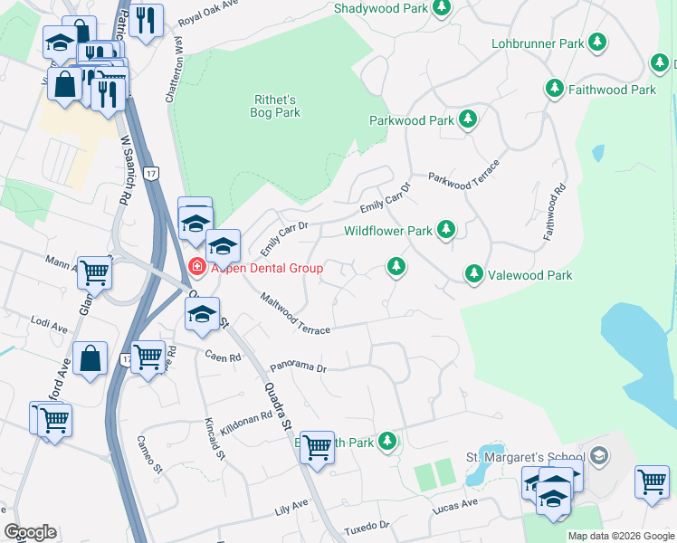 map of restaurants, bars, coffee shops, grocery stores, and more near 19 Stoneywood Lane in Victoria
