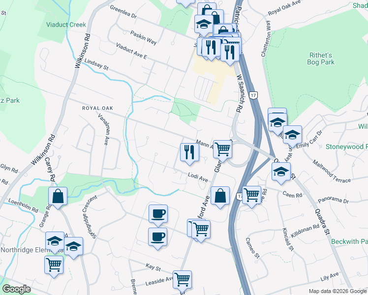 map of restaurants, bars, coffee shops, grocery stores, and more near 4283 Burbank Crescent in Victoria