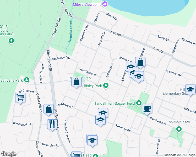 map of restaurants, bars, coffee shops, grocery stores, and more near 1635 Hawthorne Street in Victoria