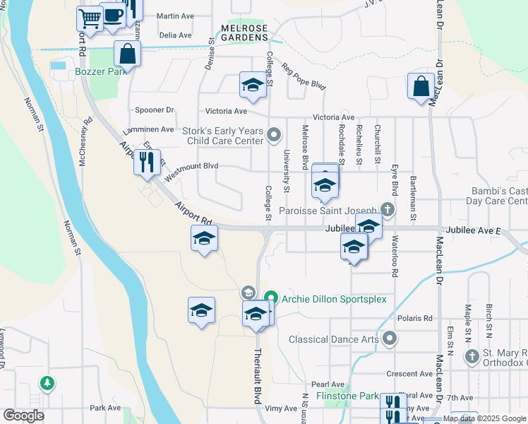 map of restaurants, bars, coffee shops, grocery stores, and more near 567 College Street in Timmins