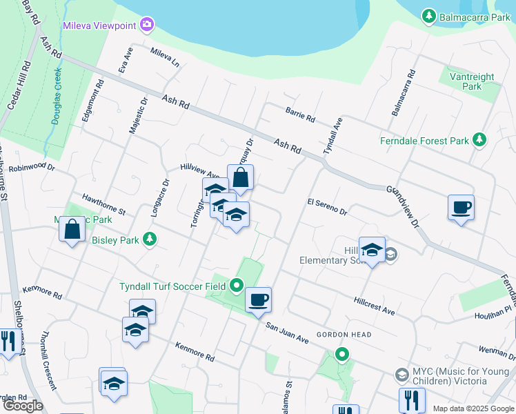 map of restaurants, bars, coffee shops, grocery stores, and more near 1739 Triest Crescent in Victoria