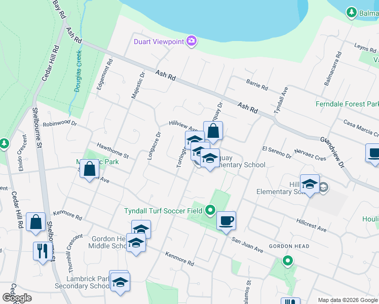 map of restaurants, bars, coffee shops, grocery stores, and more near 4421 Torrington Road in Victoria