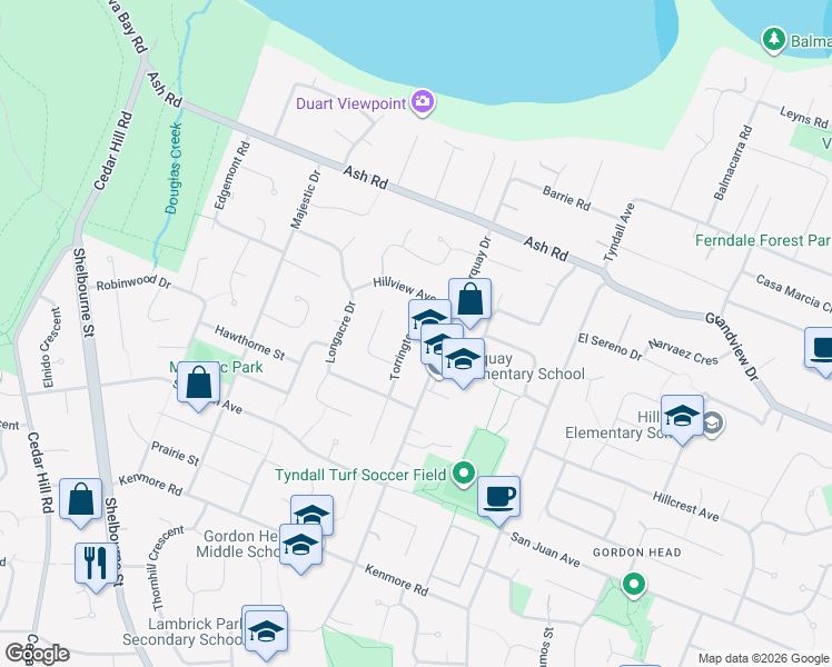map of restaurants, bars, coffee shops, grocery stores, and more near 4433 Torrington Road in Victoria