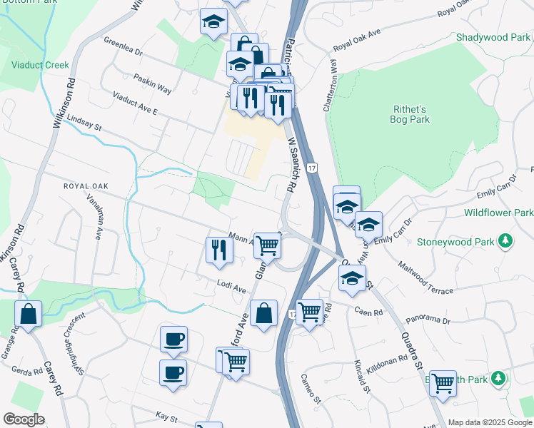map of restaurants, bars, coffee shops, grocery stores, and more near 865 Ferrie Road in Victoria