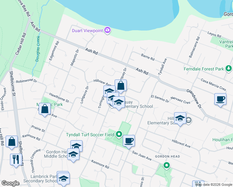 map of restaurants, bars, coffee shops, grocery stores, and more near 4429 Torquay Drive in Victoria