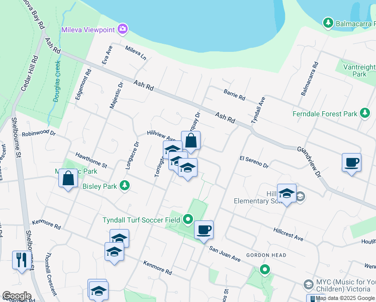 map of restaurants, bars, coffee shops, grocery stores, and more near 4435 Torquay Drive in Victoria