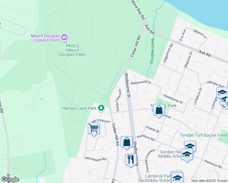 map of restaurants, bars, coffee shops, grocery stores, and more near 4361 Cedar Hill Road in Victoria