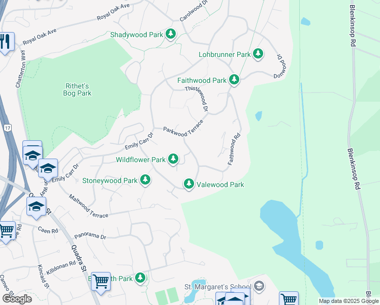 map of restaurants, bars, coffee shops, grocery stores, and more near 4397 Wildflower Lane in Victoria