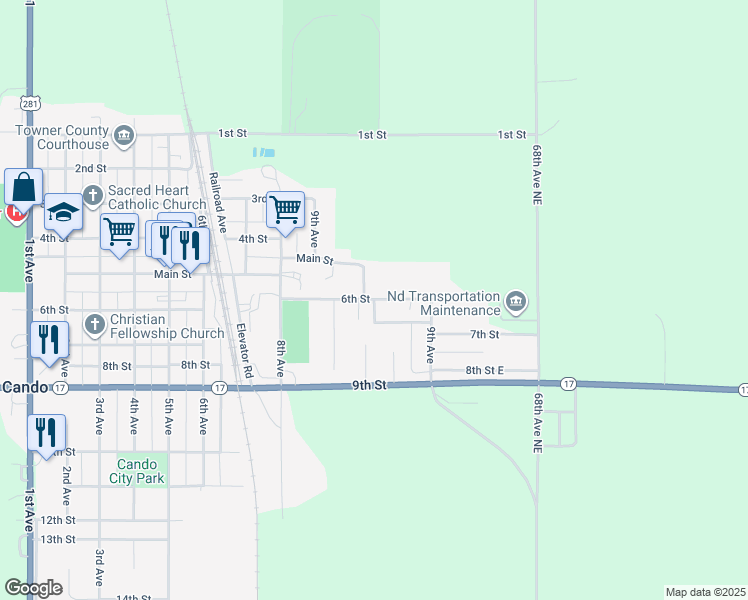 map of restaurants, bars, coffee shops, grocery stores, and more near 870 6th Street in Cando