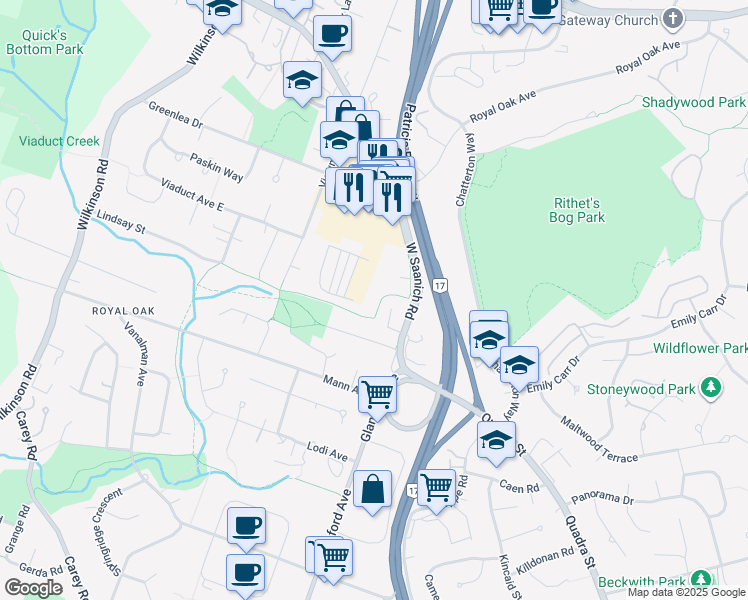 map of restaurants, bars, coffee shops, grocery stores, and more near 4394 West Saanich Road in Victoria