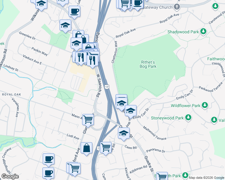 map of restaurants, bars, coffee shops, grocery stores, and more near 4450 Chatterton Way in Victoria