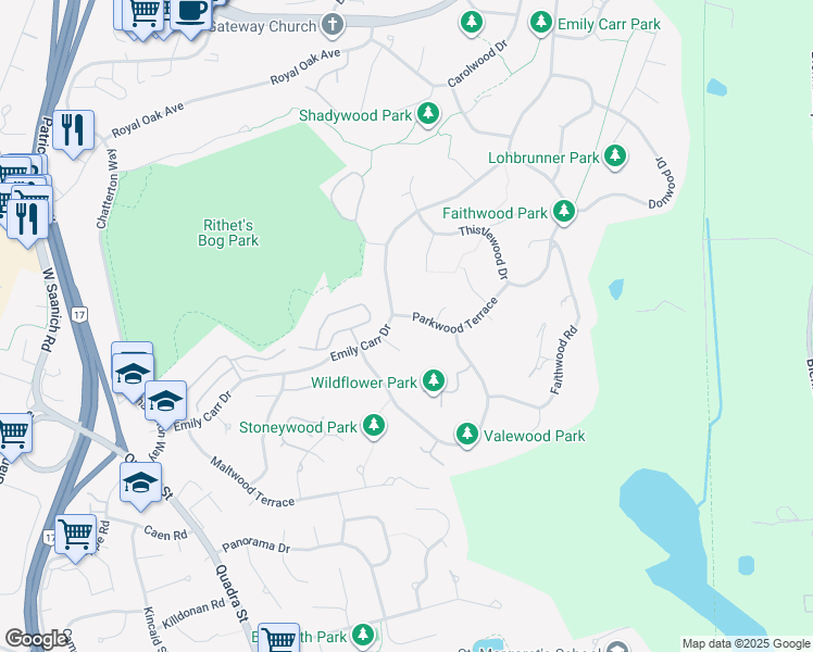 map of restaurants, bars, coffee shops, grocery stores, and more near 4349 Parkwood Terrace in Victoria