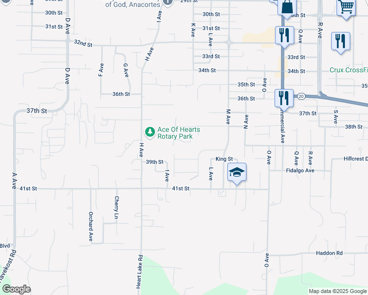 map of restaurants, bars, coffee shops, grocery stores, and more near 3815 J Avenue in Anacortes