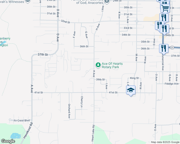 map of restaurants, bars, coffee shops, grocery stores, and more near 1805 Cedar Springs Lane in Anacortes
