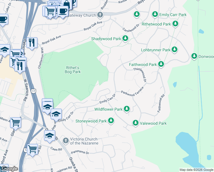 map of restaurants, bars, coffee shops, grocery stores, and more near 4360 Emily Carr Drive in Victoria