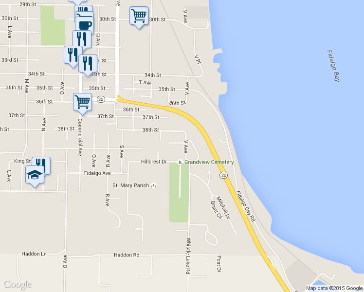 map of restaurants, bars, coffee shops, grocery stores, and more near 3902 V Avenue in Anacortes