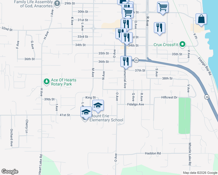 map of restaurants, bars, coffee shops, grocery stores, and more near 1120 Longview Avenue in Anacortes