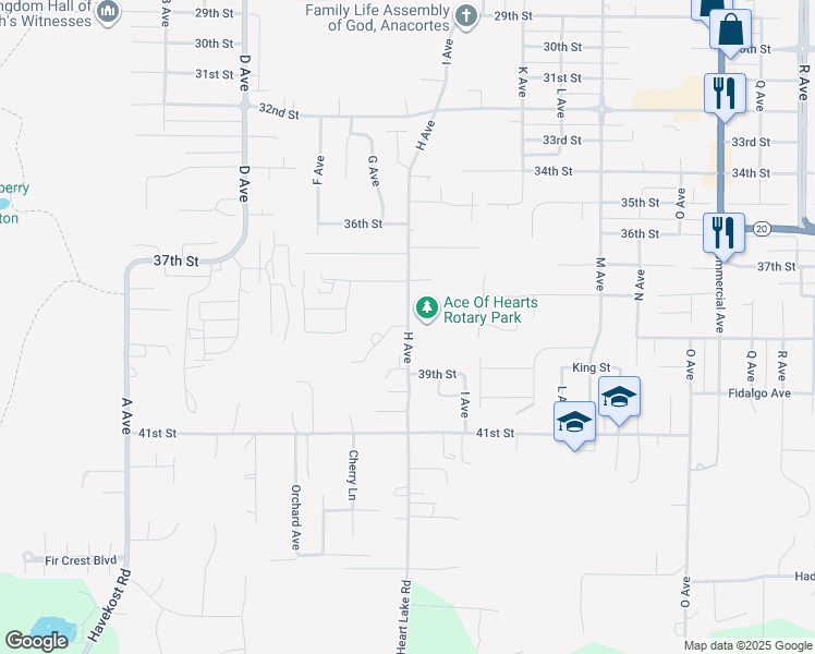 map of restaurants, bars, coffee shops, grocery stores, and more near 1805 Cedar Springs Lane in Anacortes