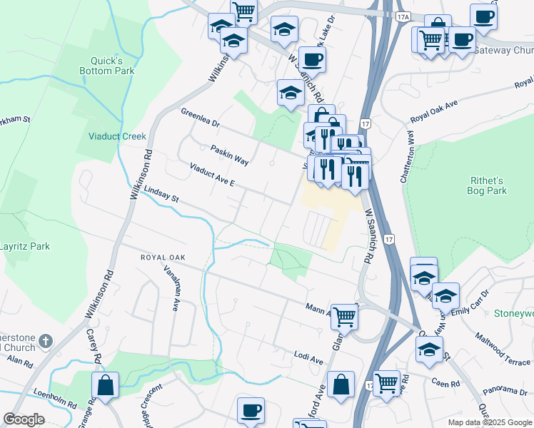 map of restaurants, bars, coffee shops, grocery stores, and more near 4350 Harder Road in Victoria