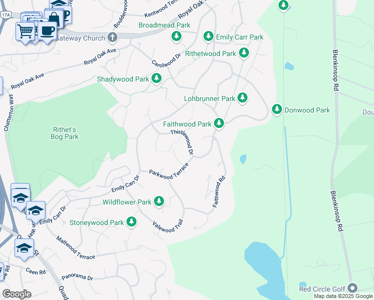 map of restaurants, bars, coffee shops, grocery stores, and more near 1039 Thistlewood Drive in Victoria