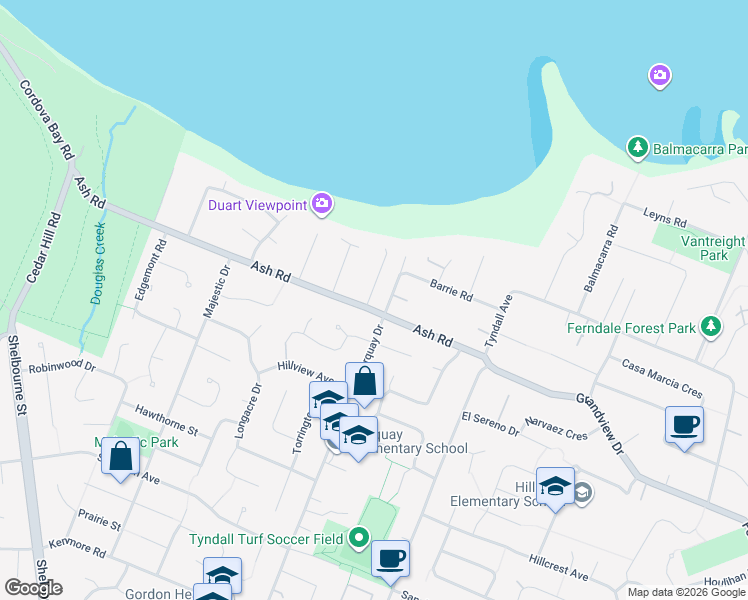 map of restaurants, bars, coffee shops, grocery stores, and more near 1698 Brousson Drive in Victoria