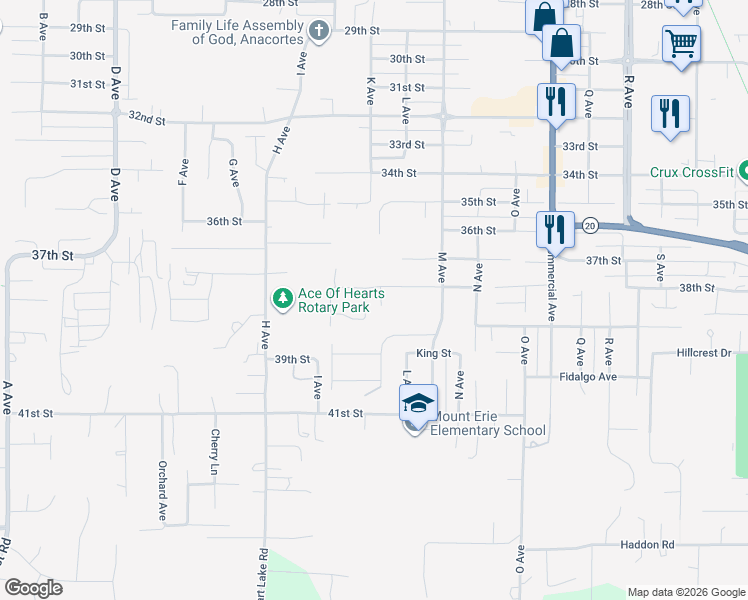 map of restaurants, bars, coffee shops, grocery stores, and more near 1417 38th Street in Anacortes