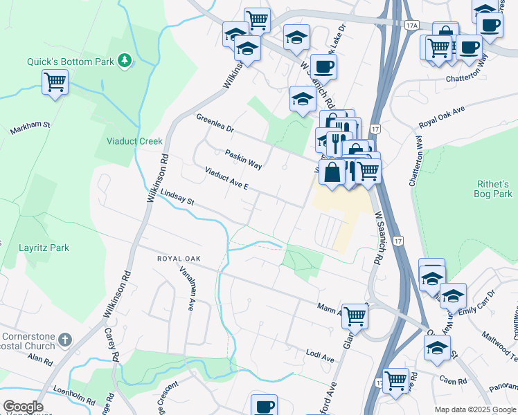 map of restaurants, bars, coffee shops, grocery stores, and more near 4453 Casa Linda Drive in Victoria