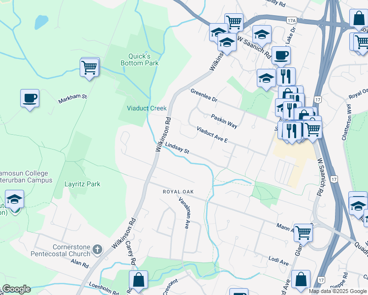 map of restaurants, bars, coffee shops, grocery stores, and more near 722 Lindsay Street in Victoria