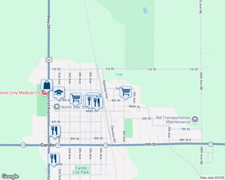 map of restaurants, bars, coffee shops, grocery stores, and more near 601-699 3rd Street in Cando
