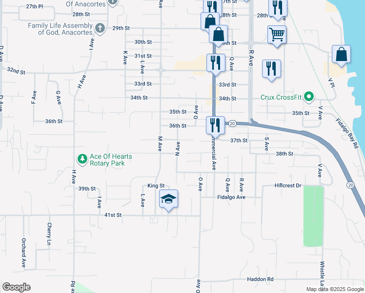 map of restaurants, bars, coffee shops, grocery stores, and more near 3705 N Avenue in Anacortes
