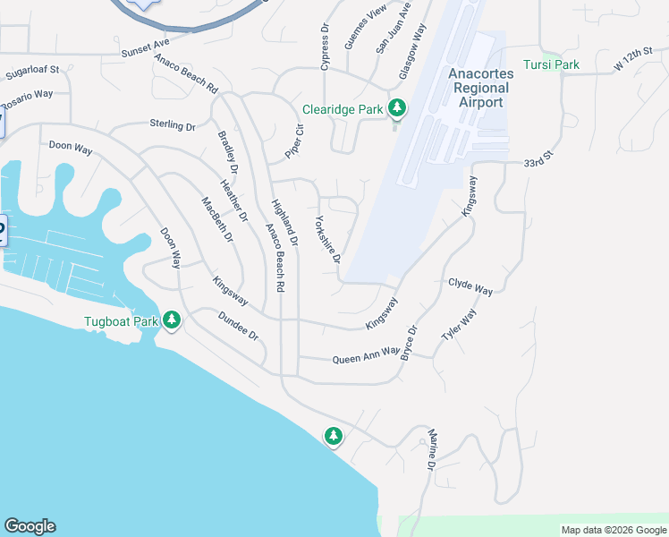 map of restaurants, bars, coffee shops, grocery stores, and more near 4602 Yorkshire Drive in Anacortes
