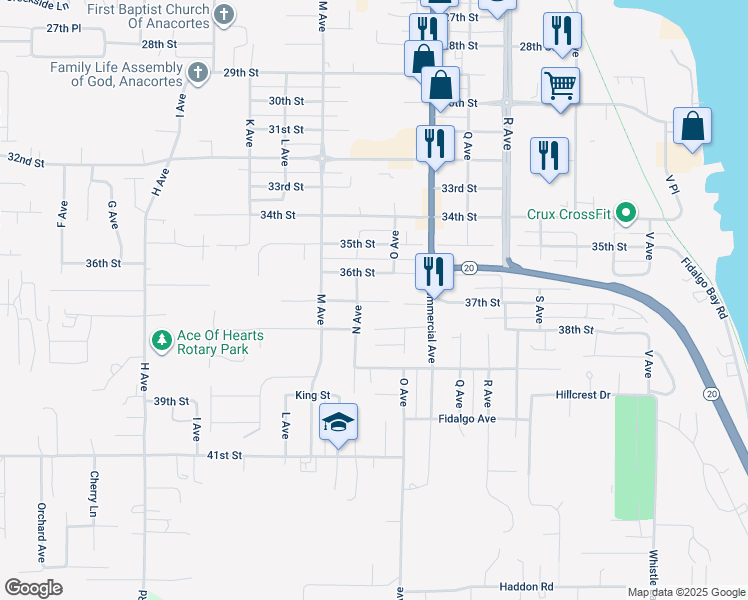 map of restaurants, bars, coffee shops, grocery stores, and more near 3705 N Avenue in Anacortes