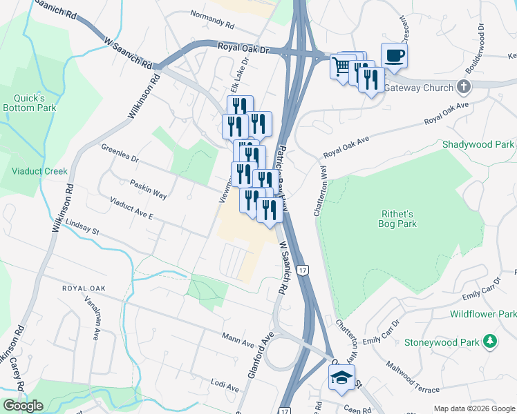 map of restaurants, bars, coffee shops, grocery stores, and more near 4470 West Saanich Road in Victoria