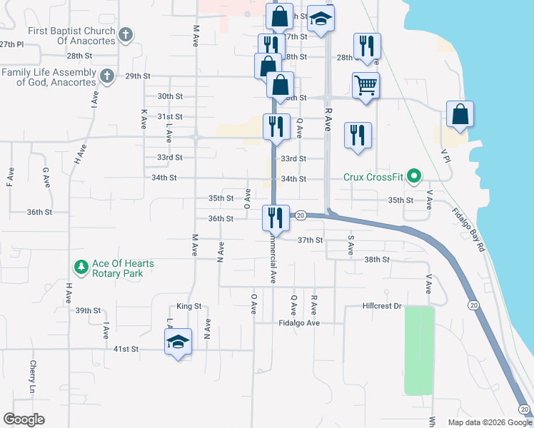 map of restaurants, bars, coffee shops, grocery stores, and more near 3520 Commercial Avenue in Anacortes