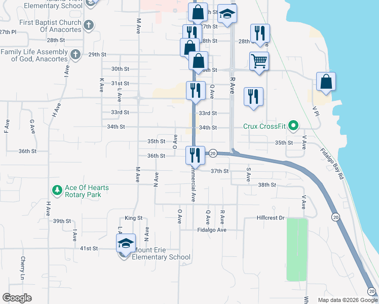 map of restaurants, bars, coffee shops, grocery stores, and more near 3520 Commercial Avenue in Anacortes
