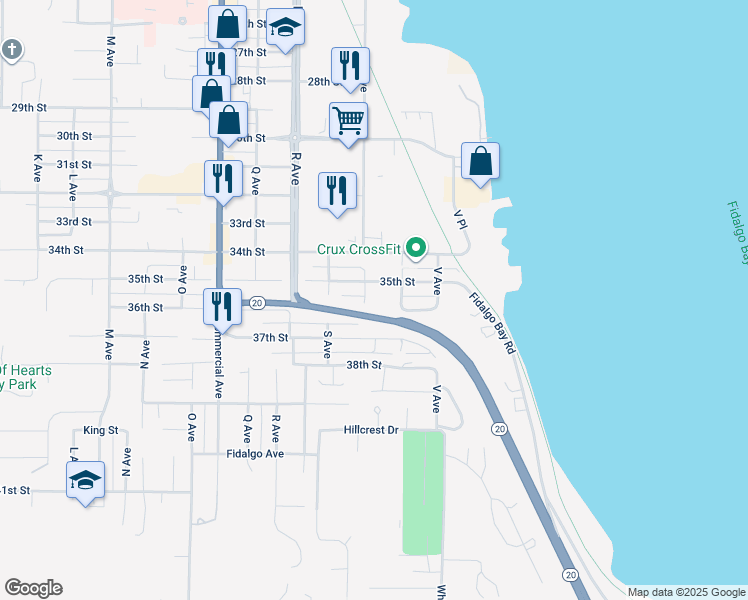map of restaurants, bars, coffee shops, grocery stores, and more near 505 35th Street in Anacortes