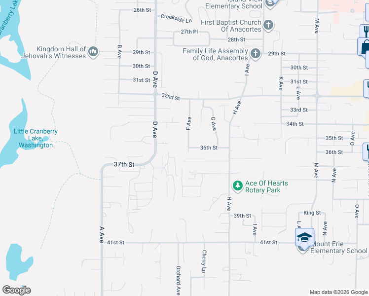 map of restaurants, bars, coffee shops, grocery stores, and more near 3602 F Avenue in Anacortes
