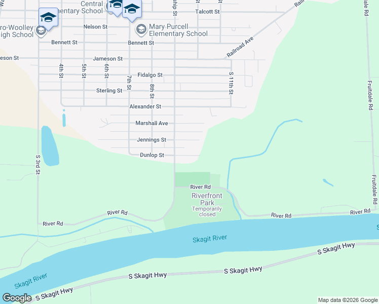 map of restaurants, bars, coffee shops, grocery stores, and more near 926 Dunlop Avenue in Sedro-Woolley
