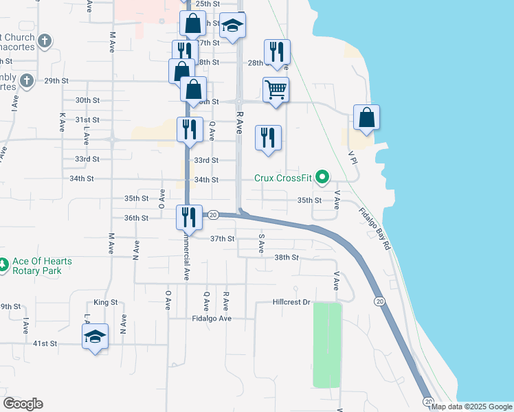 map of restaurants, bars, coffee shops, grocery stores, and more near 701 35th St in Anacortes