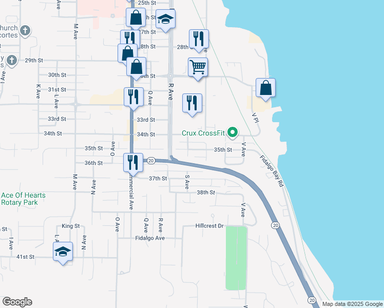 map of restaurants, bars, coffee shops, grocery stores, and more near 701 35th Street in Anacortes