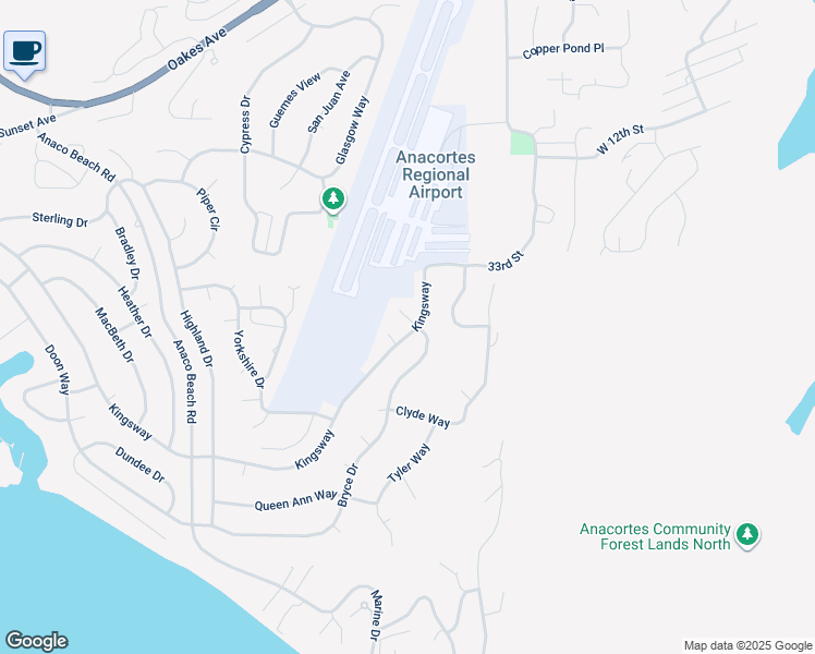 map of restaurants, bars, coffee shops, grocery stores, and more near 2501 Bryce Court in Anacortes
