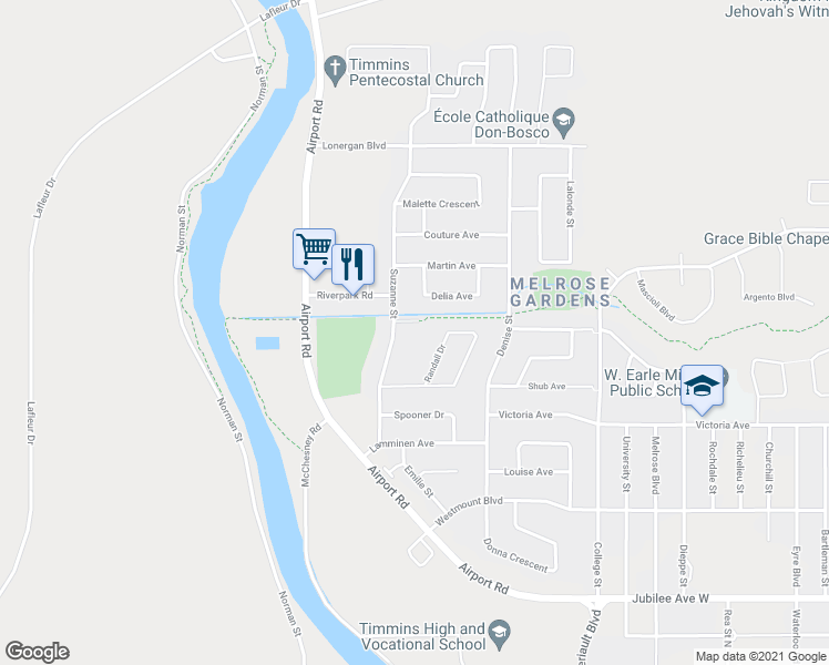 map of restaurants, bars, coffee shops, grocery stores, and more near 860 Suzanne Street in Timmins