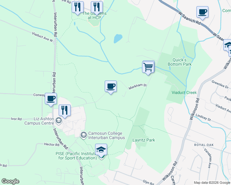 map of restaurants, bars, coffee shops, grocery stores, and more near 4464 Markham Street in Victoria